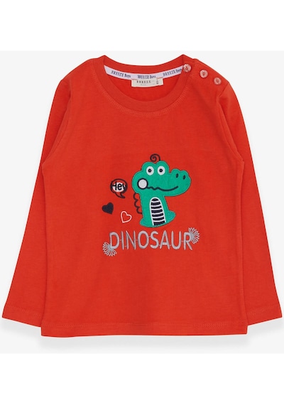 Breeze Erkek Bebek Uzun Kollu Tişört Dinozor Nakışlı 9 Ay-3 Yaş, Turuncu Turuncu