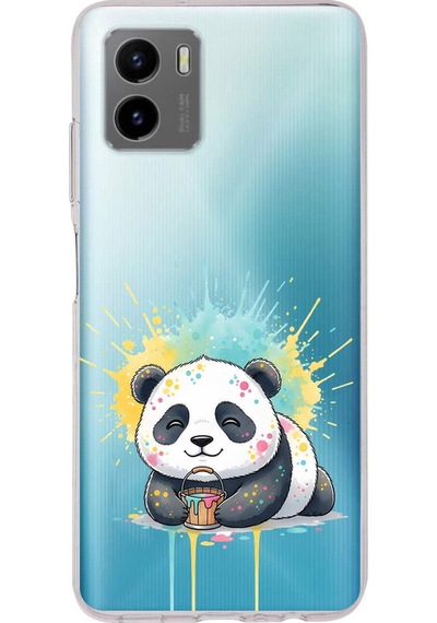 Vivo Y15s İle Uyumlu Splash Panda Tasarımlı Şeffaf Silikon Kılıf Şeffaf