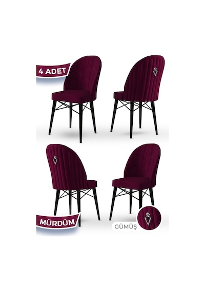 Canisa Ritim Serisi 4 Adet Mürdüm Sandalye 1.sınıf Babyface Ithal Kumaş Siyah Gürgen Ayak Gümüş Halkalı Sandalye Mürdüm Ayaklar Siyah