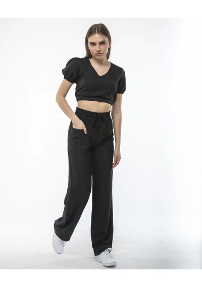 Tarzyeri Kadin Keten Pantolon Ve Crop Takım - Siyah 001