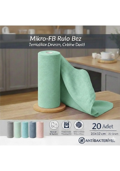 Fb Cup 20'li Rulo Mikro-fb Çok Amaçlı %100 Mikrofiber Temizlik Bezi 25x32 Kopart Kullan Su Yeşili Mavi - Antrasit - Gri