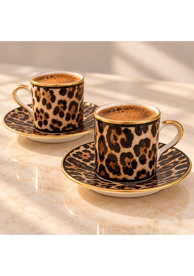 2 Kişilik 4 Parça Leopar Desenli Türk Kahvesi Fincan Takımı, Gold Detaylı Şık Kahve Seti Siyah