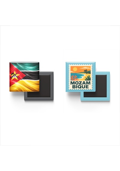 9x9 Cm Buzdolap Magnetleri - Mozambik Bayrağı Ve Posta Pulu Tema - 2'li Set Magneti