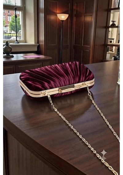 Zeyymoda Bordo Pilse Desenli Abiye Çanta Pile Desen Abiye Çanta Ve Clutch Portföy El Gece Düğün Nişan Abiye Çantası