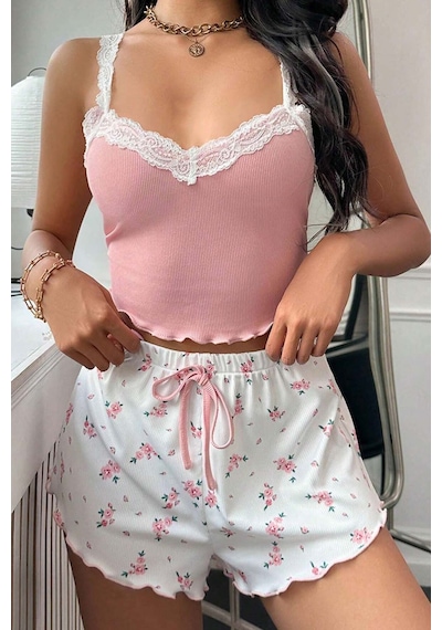 Merry See Çiçek Desenli Dantel Askılı Şortlu Pijama Takımı