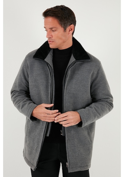 Buratti Slim Fit Çıkarılabilir Tüylü Yaka Detaylı Astarlı Kaşe Erkek Kaban 58400217 Açık Gri
