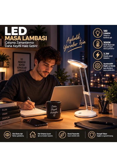 Led Masa Lambası 3.3w 180 Lumen 3000k Sıcak Beyaz Ayarlanabilir Başlıklı Çalışma Ve Ders Lambası