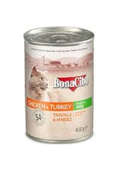 BonaCibo Jöleli Tavuklu ve Hindi Etli Konserve Yetişkin Kedi Maması 6 x 400 G