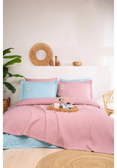 Özdilek Rf Waffle -pembe Mavi- Tek Kişilik Nakışlı Pike Takımı