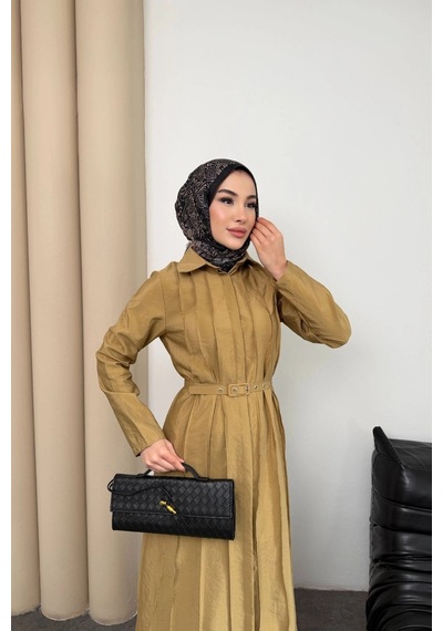 Mihran Butik Quenn Model Coupra Model Kumaş Kemer Detaylı Elbise Hardal