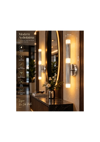 Mylüx Lina Aplik Krom 220v Elektrikli Led 35 Cm Modern Dekoratif Duvar Aydınlatma Gümüş Gümüş
