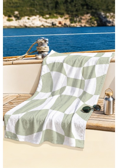 Modern Geometrik Ekose Plaj Havlusu - Soyut Adaçayı Yeşili Minimalist Hızlı Kuruyan Mikrofiber Havlu Çok Renkli