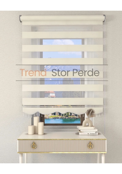 Krem Boncuklu Zebra Stor Güneşlik Perde Opak Krem