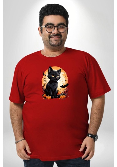 Angemiel Cadılar Bayramı Kedi Kırmızı Büyük Beden Erkek Kadın Unisex Basic Ön Baskılı Tişört Kırmızı