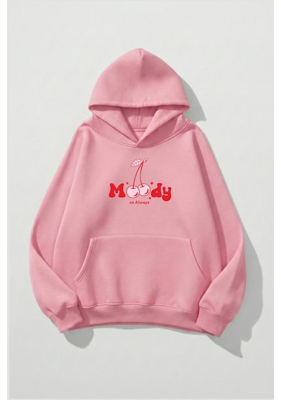 Uyguntarz Unisex Yumuşak Dokulu Moody Cheery Baskılı Tasarım Oversize 3 İplik Hoodie Sweatshirt Pembe