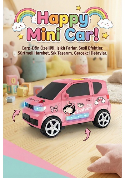 Pembe Hareketli Müzikli Çarp-git Araba - Işıklı Sesli Eğlenceli Tasarımlı Çocuk Oyuncağı Çok Renkli