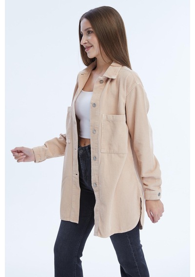Selectmoda Kadın Çift Cepli Düğme Kapamalı Fitilli Gömlek Somon