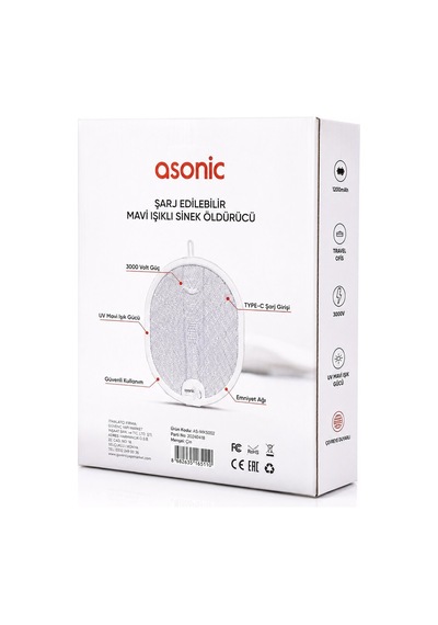 Asonic As-a26 Raket Model Elektronik Sinek Öldürücü - Type-c Şarjlı, Katlanabilir Saplı Beyaz