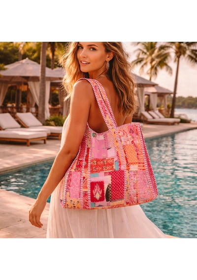 İcone Bag Patch Yama Desen Baskılı Kapitoneli Plaj Çantası, İçi Çizgili Baskılı Shopper Çanta, Pembe Plaj Çantası