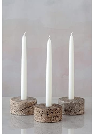 Doğal Traverten Mermer Şamdan Mumluk 3lü Set Silver Dark A.Ağaç