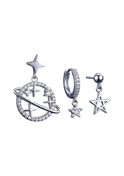 Çelik 3 Lü Küpe Set Zirkon Taşlı Gezegen Yıldız Figürlü Gümüş Renk