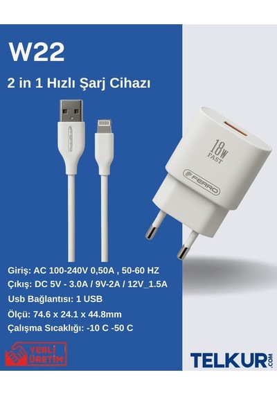 Ferro W22 Qualcom Apple Uyumlu iPhone 18w 3.0 Lightning Hızlı Şarj Seti