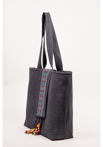 Fabric Craft Bag Omuz Çantası Kot Kumaş 43x36 Cm Astarlı Günlük Kadın Çantası Gri