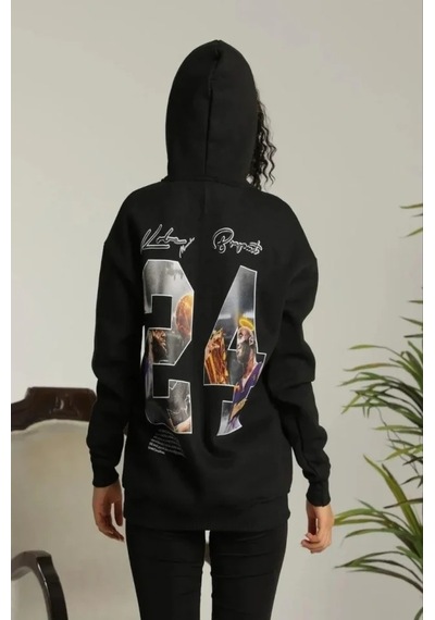 Defymoda Baskılı Oversize Üç İplik Kapüşonlu Sweatshirt - Siyah Siyah