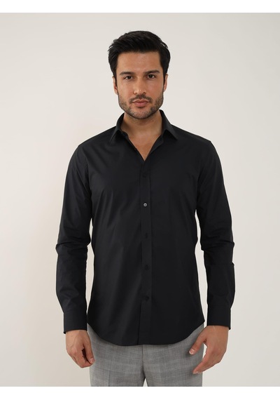 Dufy Siyah Erkek Slim Fit Düz Klasik Yaka Uzun Kol Gömlek - 92868 Siyah