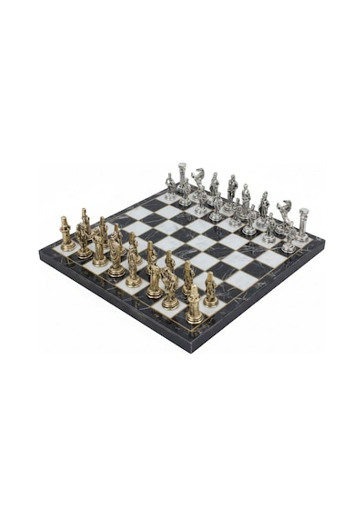 Lüks Metal Satranç Takımı Krom Kaplama Osmanlı Vs Bizans Orduları Siyah Mermer Desenli Tahta 20 Cm