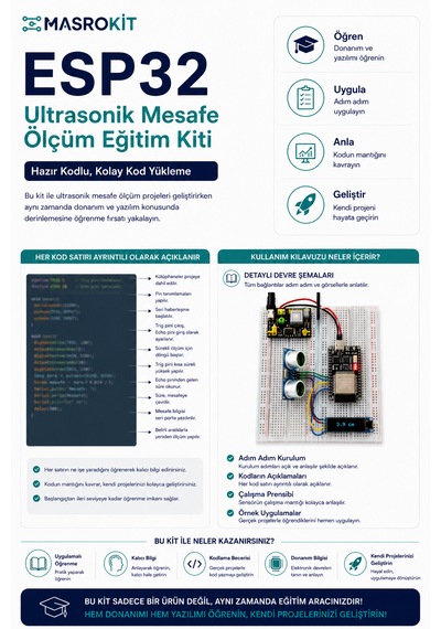 Masrokit Esp-32d Geliştirme Kartlı Ultrasonik Mesafe Ölçüm Eğitim Kiti Hazır Kod, Kullanıcı Yüklemeli