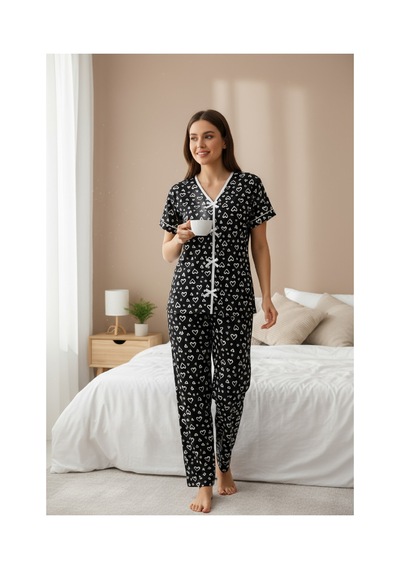 Fantezia Night Kadın Turuncu Kalp Desenli Fiyonklu Kısa Kollu Uzun Pijama Takımı Siyah