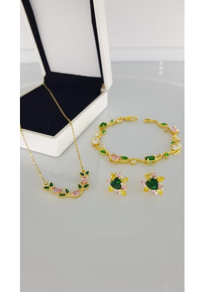 Yeşil Pembe Taşlı Çiçek Gold Çelik Set Gümüş - Rose Gold