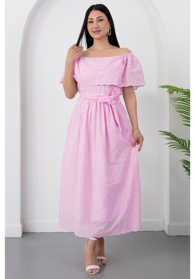 Kalopya Madonna Yaka Kemerli Brode Elbise 2026-4643 Pembe