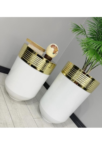 Elegant Dekoratif Gold Darbuka Parlak Beyaz Saksı 70cm + 60cm Sehpa İkili Set