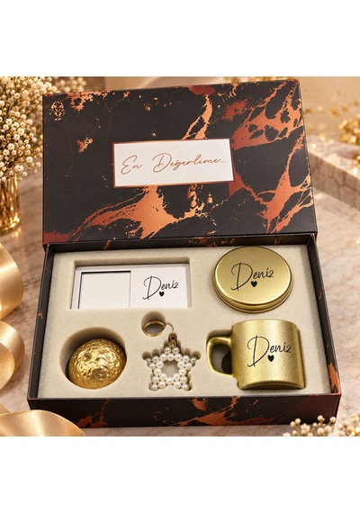 Bk Gift Kişiye Özel İsimli Gold Kahve Fincanı & Mum & Mdf Altlıklı Dekor & Anahtarlık - Hediye Kutulu Gold Set-5