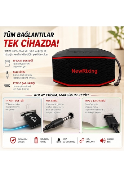 Nr196 Taşınabilir Uzun Pil Ömürlü Taşıma Saplı Tf Kart Ve Aux Destekli Ipx7 Su Geçirmez Özellikli Bluetoth Hoparlör