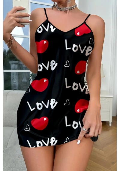 Cojans Love Desenli Siyah Saten Gecelik Çok Renkli