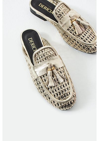 Dericia Shoes Fable Hakiki Deri Günlük Rahat Kadın Terlik Altın
