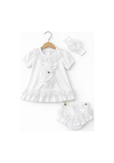 Kardeşler Bebe Dantelli Ayıcıklı Kız Bebek Elbise Takım Saç Bantlı 3 Lü Set Beyaz