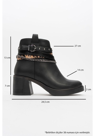 Luvishoes Luvi Shoes Boliva Siyah Kemerli Zincirli Kadın Kalın Topuklu Bot Siyah