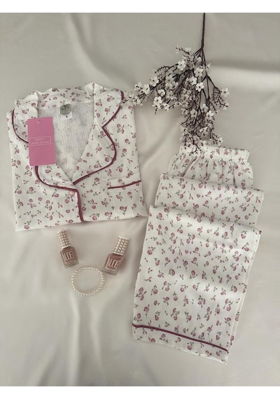 Mh Moony Homewears Trendys Gül Kurusu Özel Dokulu Düğmeli Pijama Takımı Krem