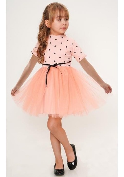 Mnk Baby & Kids Kısa Kol Kız Puantiyeli Tütülü Günlük Elbise Mnk0504 Somon