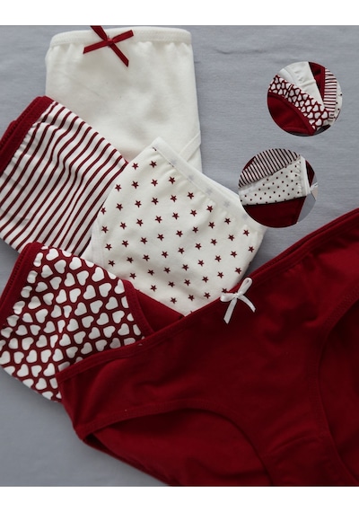 Alya Underwear Kız Çocuk Kalpli Dokuma Lastik Pamuklu Kumaş Slip Külot 5'li Paket 5 Adet Beyaz Multicolor-x29