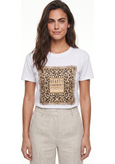 Onloox Kadın Beyaz Beyaz Pamuklu Bisiklet Yaka Kısa Kollu Normal Kalıp Taş Baskılı Leopar Detaylı T-shirt