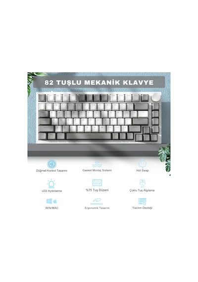 Ak820 Kablolu Mekanik Oyun Klavyesi , Beyaz Işıklı, Beyaz-gri, 82 Tuş, Hot Swap, Anti Ghosting
