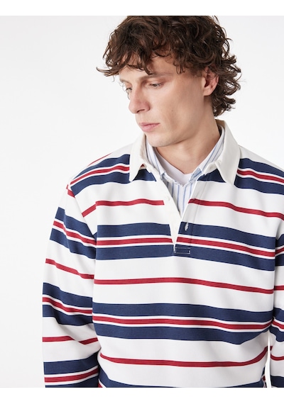 Koton Uzun Kollu Üç İplik Şardonlu Çizgili Düğmeli Polo Yaka Sweatshirt Kırmızı Çizgili 6sam70074mk