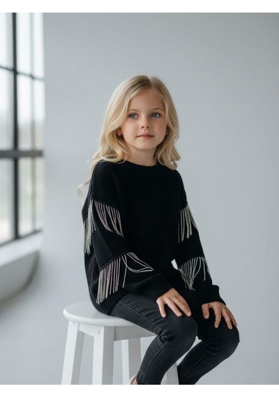 Kız Çocuk Yüzde Yüz Pamuklu İki İplik Zincir Detaylı Sweatshirt-16698 Siyah
