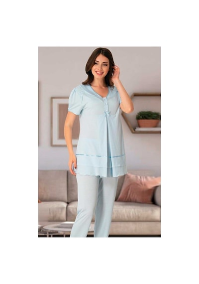 Effort Pijama Kadın Mavi Gizli Emzirme Özellikli Lohusa Pijama Takımı Effortt 8022 Mavi