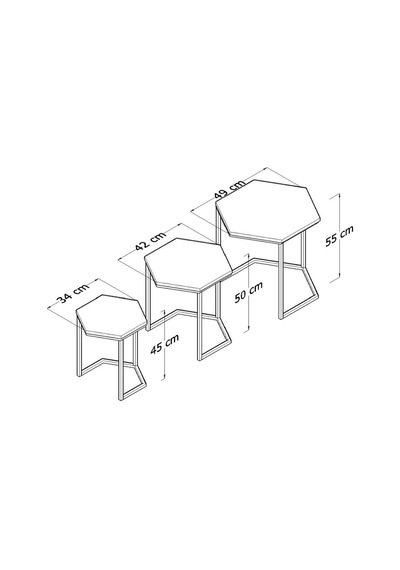 Usta Mekan Altıgen Siyah Metal Beyaz Mdf Tablalı 3lü Zigon Sehpa 6gen - Beyaz